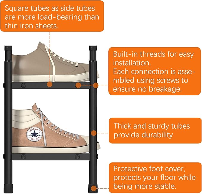 TZAMLI 2-Tier Shoe Rack for Closet, Expandable and Stackable Shoe Organizer Adjustable Metal Shoe Storage Small Shoe Shelf for Entryway Entrance, Black