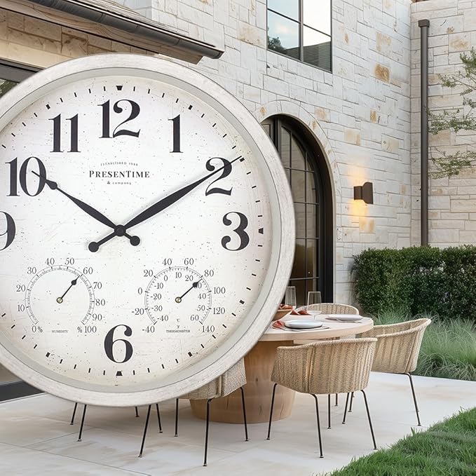 Presentime & Co 16" Farmhouse Series in/Outdoor Clock with Thermometer & Hygrometer, Weathered White Color. Weather Thermometer, Weather Station, Farmhouse Décor, Outdoor Décor, Wall Décor.