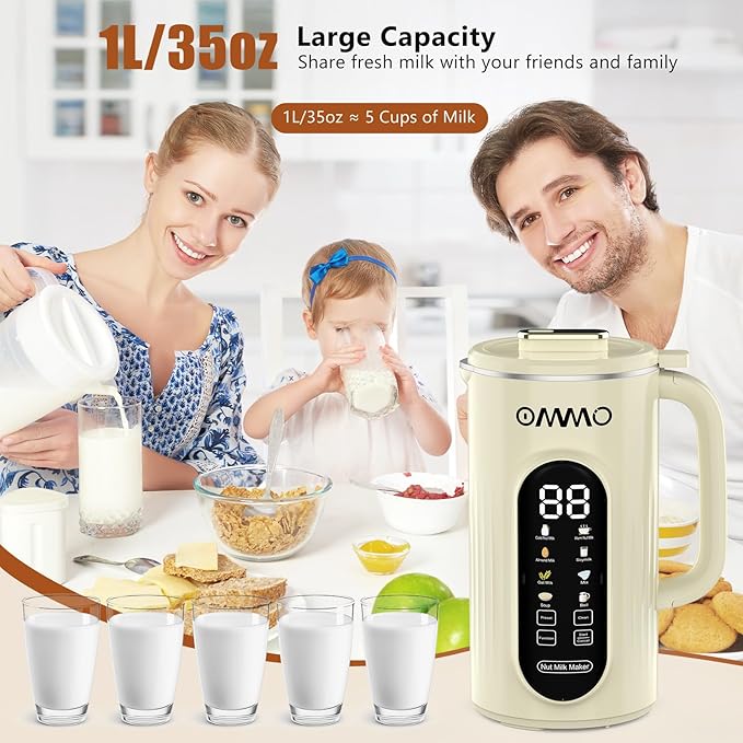 OMMO 10 in 1 Nut Milk Maker Machine Blender, 35oz Soy Milk Maker with Large Screen/10 Blades for Hot/Cold Almond Oat Soybean Milk Maker, 12 Hours Timer/Self-Cleaning, Includes Recipe Book-Accessories