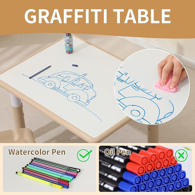 Toddler Table and Chairs, Kids Table and 4 Chairs Set with Graffiti Desktop, Height-Adjustable Kids Study Table for Boys and Girls Aged 3-8, Max 300lbs
