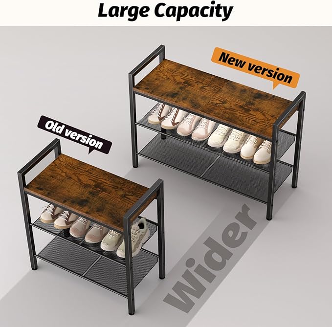 Shoe Rack for Front Door Entrance, 3 Tier Shoe Rack for Entryway, Shoe Shelf for Closet, Metal Shoe Rack Organizer with Sturdy Wooden Top & Steel Frame,(Black+Rustic Brown)