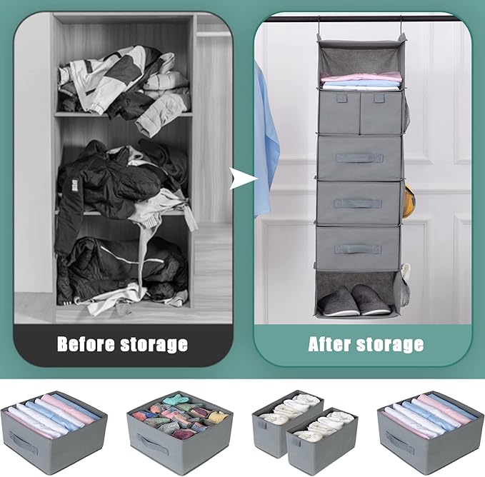 6-Shelves Hanging Closet Organizer with 5 Different Drawers, Foldable Closet Organizers and Storage for Wardrobe, Closet& RV, Clothes and Accessories Storage, Non-woven fabric, Gray