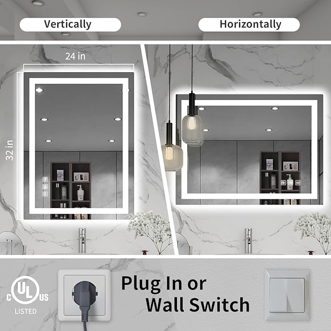 LED Mirror for Bathroom, 24x32 Inch Backlit + Front Lighted Bathroom Vanity Mirror with Lights for Wall, Double Light Strips, 3 Colors, Shatter-Proof, Anti-Fog and Brightness Memory