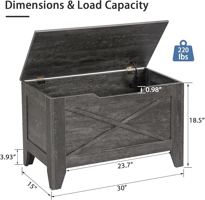 VECELO 30" Farmhouse Style Storage Bench, Entryway Shoe Ottoman, with Handwoven Cushion, with Metal Safety Hinges, for Bedroom, Living Room, Entryway, Grey