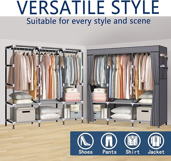 LOKEME Portable Closet, 61-Inch Portable Wardrobe with 3 Hanging Rods and 6 Storage Shelves, Non-Woven Fabric, Stable and Easy Assembly Grey Portable Closets for Hanging Clothes with Side Pockets