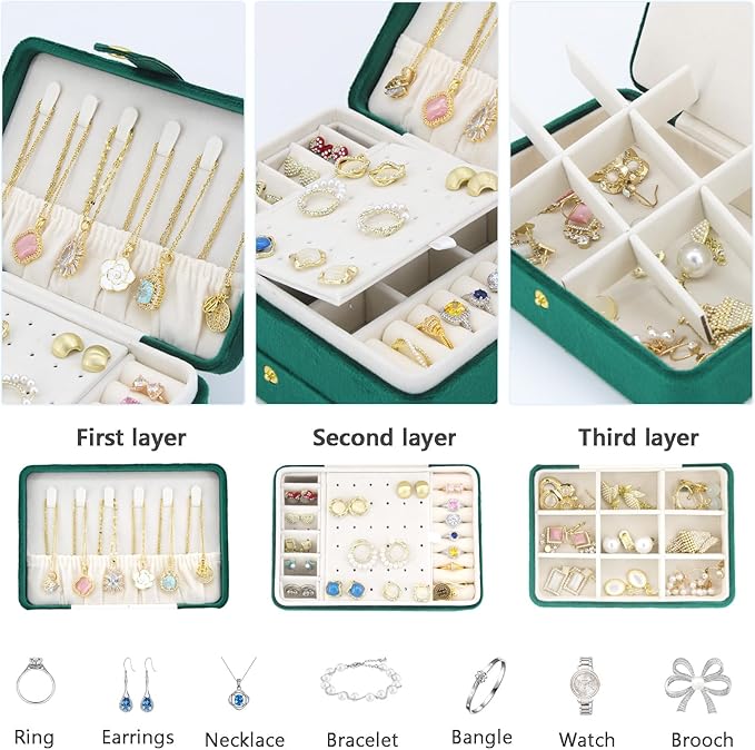 KOOAAICCHI Small Jewelry Box, Travel Jewelry Organizer, Portable Jewelry boxes for Women Girls Gift, Double Layers PU Leather Jewelry Holder for Rings, Earrings, Necklaces- Velvet Green