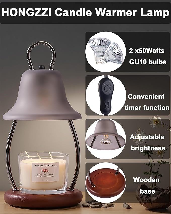 Candle Warmer Lamp with Timer & Dimmer - Electric Candle Light Warmer for Jar Candles, Adjustable Brightness, 2 Replacement Bulbs Included (Black)