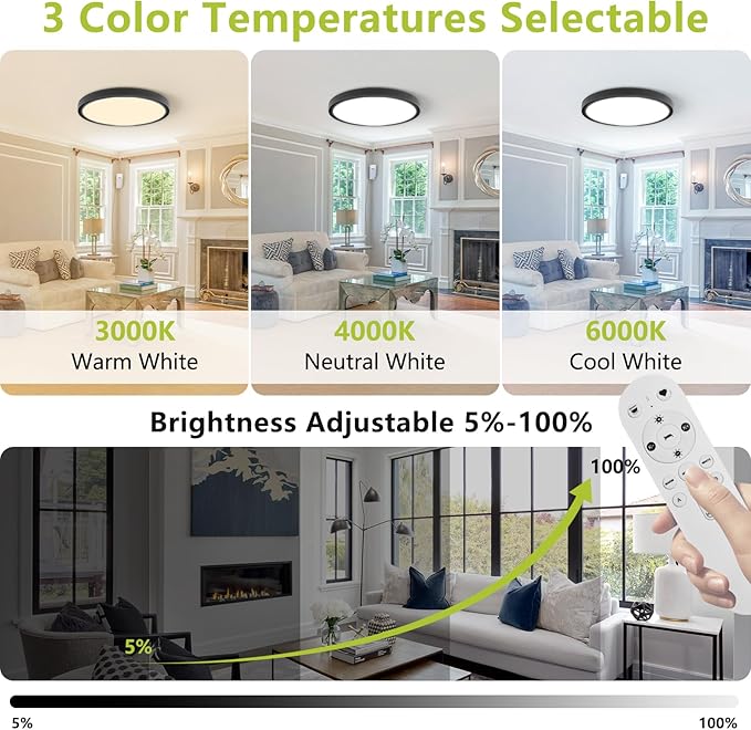 20'' Dimmable LED Flush Mount Ceiling Light with Remote Control, 2700K-6500K Color Temp Adjustable, 4200LM Ultra-Thin Flat Round Fixtures for Bedroom, Kitchen, Office, Black