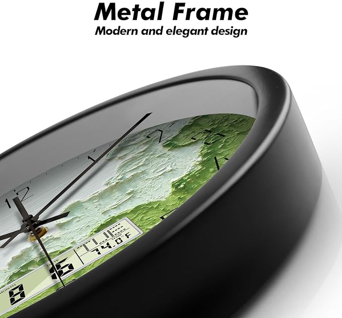 Modern Wall Clock with Temperature Green Forest Large Display Non-Ticking Battery Operated Clock with Date and Week for Kitchen Bedroom Living Room Farmhouse Decor 12 Inch