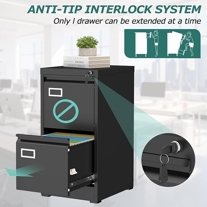GREATMEET 2 Drawer File Cabinet with Lock, Small Metal File Cabinets for Home Office 2 Drawer, Black Vertical Filing Cabinets for Letter/Legal/A4/F4 Size File,Assembly Require