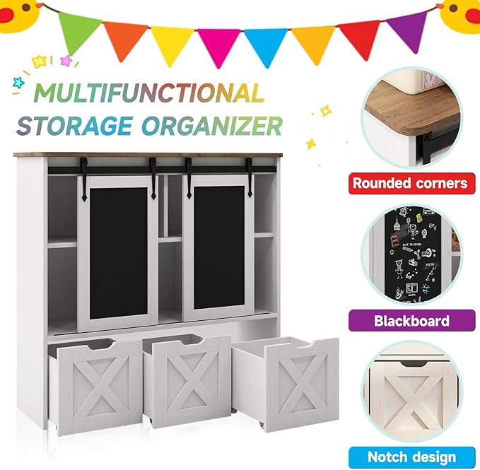 Vabches Toy Storage Organizer with Sliding Blackboard, Kids Bookshelf and Bookcase with 3 Movable Drawers & 5 Storage Cubbies, Multifunctional Storage Cabinet Toy Chest for Playroom,Nursery, Kids Room