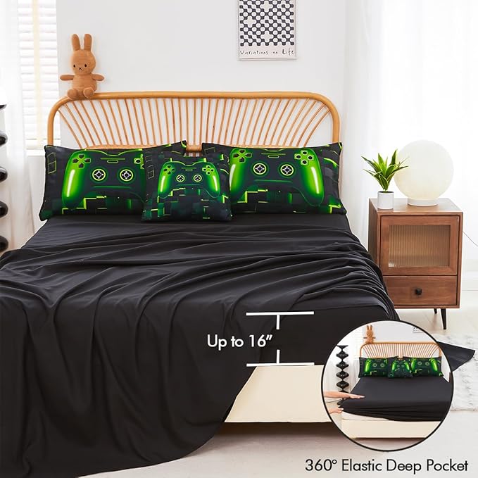 PERFEMET 6 Pieces Twin Gaming Bedding Set Green Game Console Kids Bed in A Bag 3D Black Gamer Comforter Set with Sheets for Boys Teen Lightweight Gamepad Bedroom Set(Green, Twin)