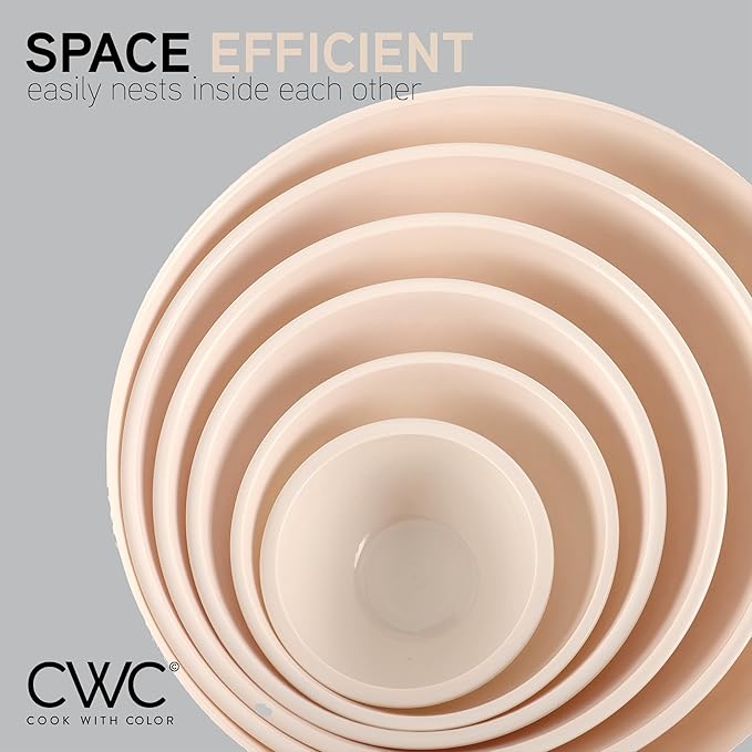 COOK WITH COLOR Mixing Bowls with Lids - 12 Piece Plastic Nesting Bowls Set includes 6 Prep Bowls and 6 Lids, Non Slip Bottom and Embossed Design - Microwave Safe (Cream)