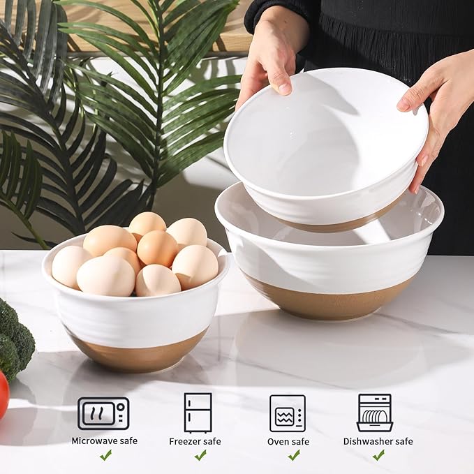 Ceramic Mixing Bowls,Large Serving Bowls 2.1/1.5/1.0 Qt,Salad Bowls Set of 3 for Kitchen Space Saving Storage,Nesting Bowls for Cooking,Popcorn,Soup,Fruit, Microwave & Dishwasher Safe,White