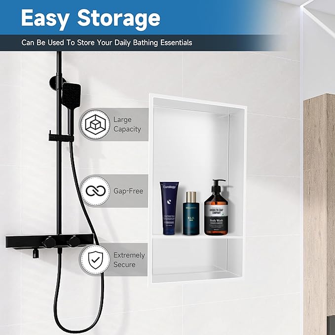 12" X 25" Stainless Steel Shower Niche Insert Tile Ready, Niche for Shower Wall, 2-Tier Recessed Shelves No Tile Needed for Bathroom Storage, White