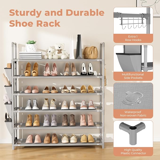 6 Tier Shoe Rack Storage for 24-30 Pairs Shoe and Boot, Shoe Organizer with Hook and Side Pocket Free Standing Long Shoe Shelf Tall Shoe Rack Organizer for Closet, Entryway, Dorm, Grey