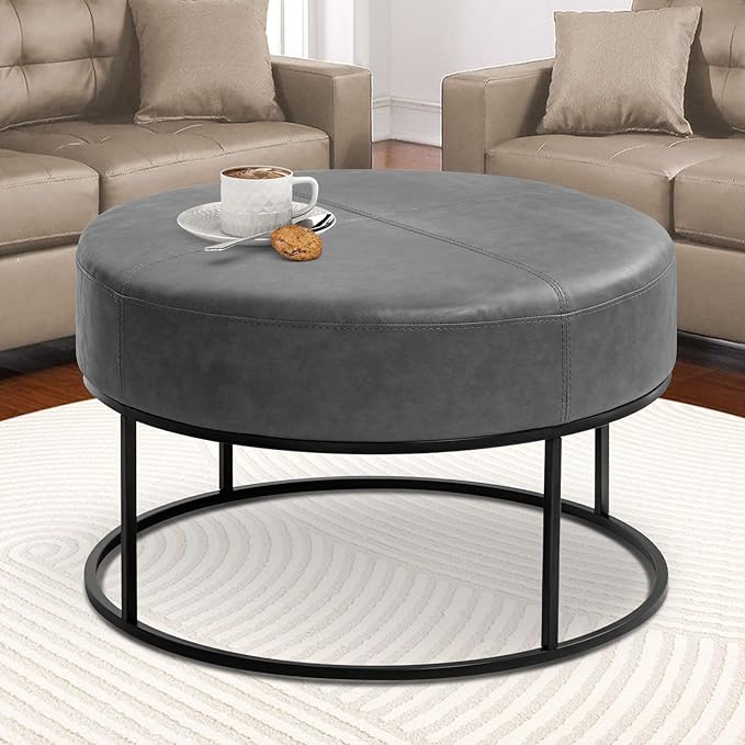 BALLIAA Modern Round Coffee Table, Farmhouse Ottoman for Living Room, Large Vintage Leather Coffee Tables with Leather Upholstered Padded Seat [Round, Vintage Gray, 30'']