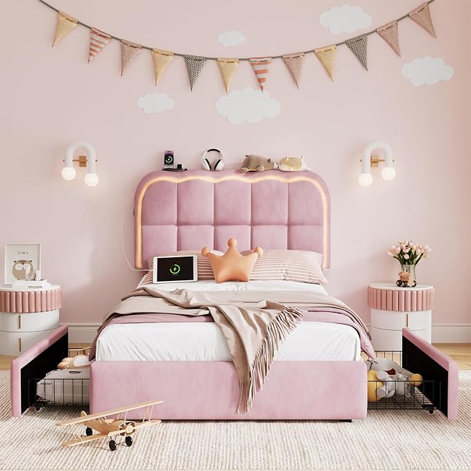 Twin Bed Frame with Storage Drawers and Headborad, Upholstered LED Twin Size Platform Bed Frame for Kids – Sturdy Metal Bed Frame Twin with Wood Slats Support, No Box Spring Needed, Pink