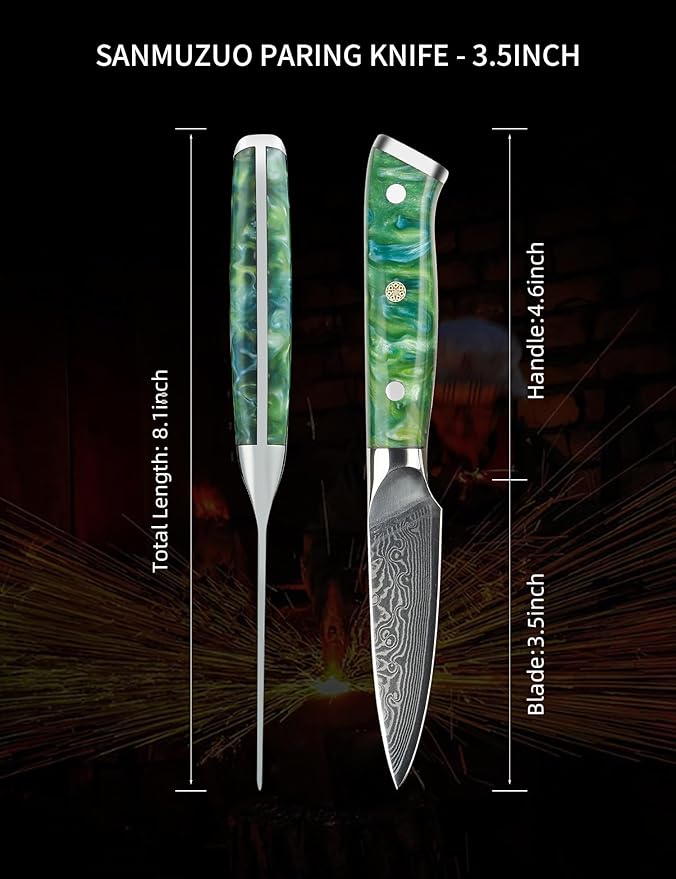 3.5 Inch Paring Knife - Kitchen Fruit Vegetable Knife Damascus Steel & Resin Handle - Xuan Series (Jade Green)