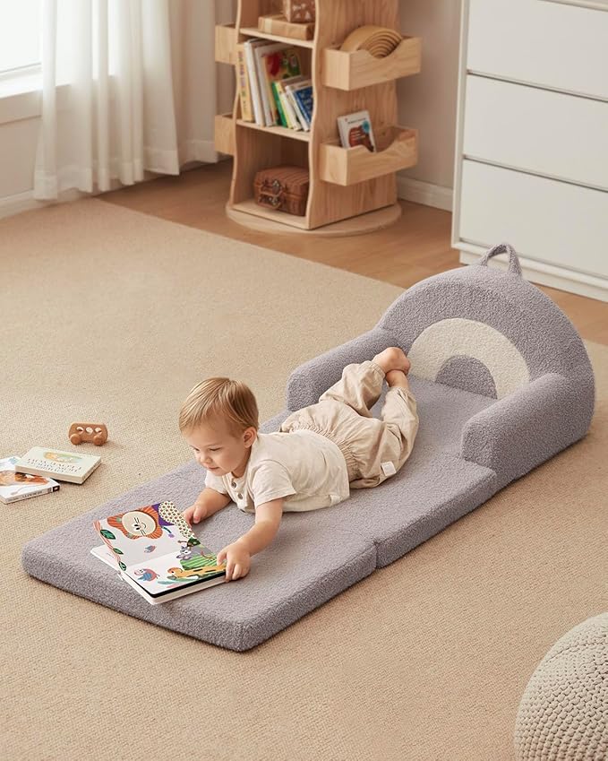 Blissful Diary Foldable Toddler Couch, 2-in-1 Comfy Toddler Chair & Lounger for Reading, Nap, Playroom, Kids Couch Sofa for 1 2 3+ Year Old Girls Boys Birthday Gift, Light Gray Arclet