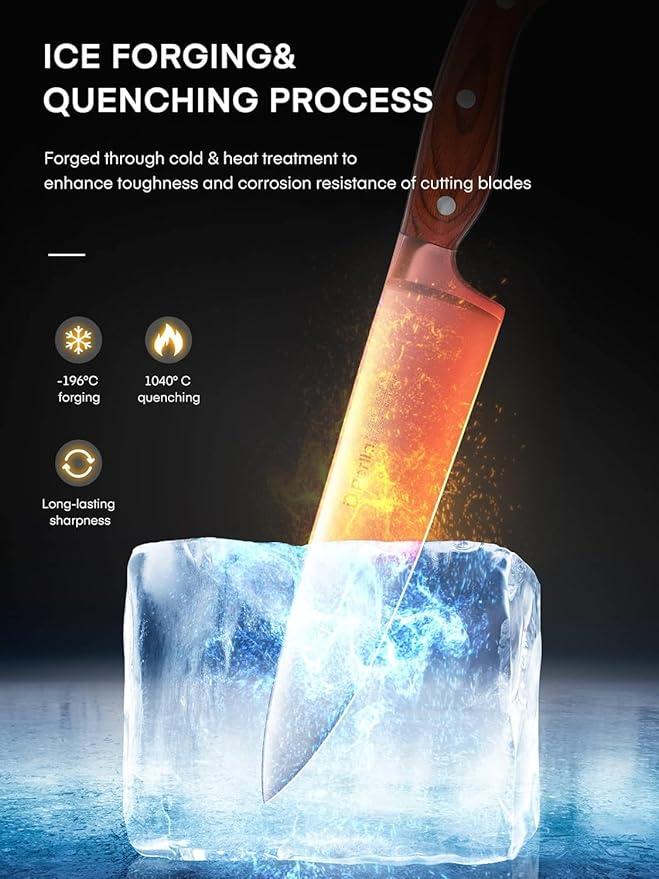 Knife Set with Block, 16 Pcs Stainless Steel Kitchen Knife Set with Sharpener & Wooden Block, Knife Block Set with Wood Handle, Chef, Santoku, Bread, Utility, Paring & Carving Fork Knife, Brown