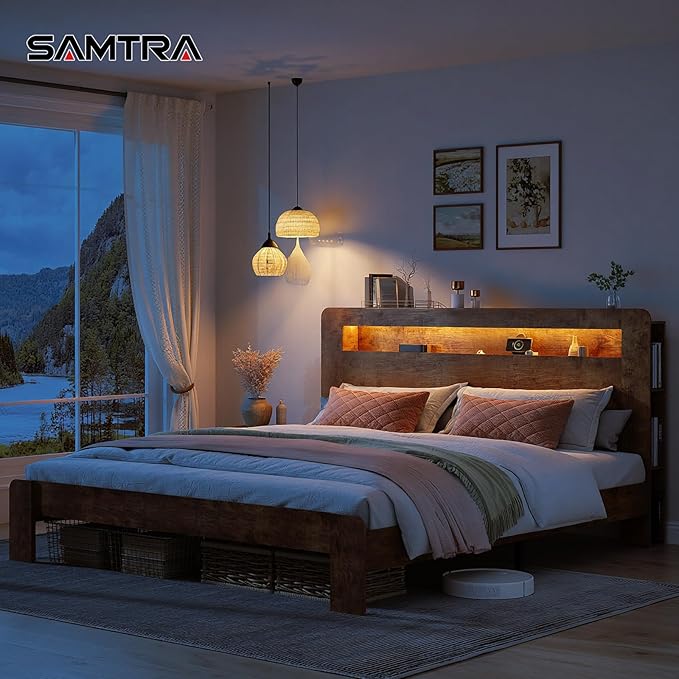 Wooden Bed Frame King Size with Storage Headboard - Farmhouse Platform Bed Frame with Bookcase Shelf & Led Lights, Sturdy Wood Slat Framework Bed Frame (Rustic Brown LED)