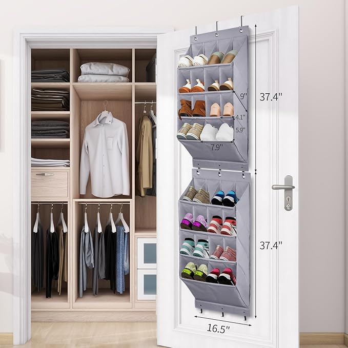 FENTEC 2 Pack Over the Door Shoe Organizer, Hanging Shoe Organizer Rack,24 Large Pockets and 4 Larger Storage Various Compartments with 6 Hooks, Home Accessories, Grey