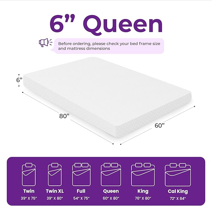 GAESTE 6 Inch Queen Cooling Memory Mattress Medium Firm CertiPUR-US Certified Foam, Pressure Relief & Cool Sleep Mattress-in-a-Box Comfort & Supportive Fiberglass Free (Queen, 6 in)