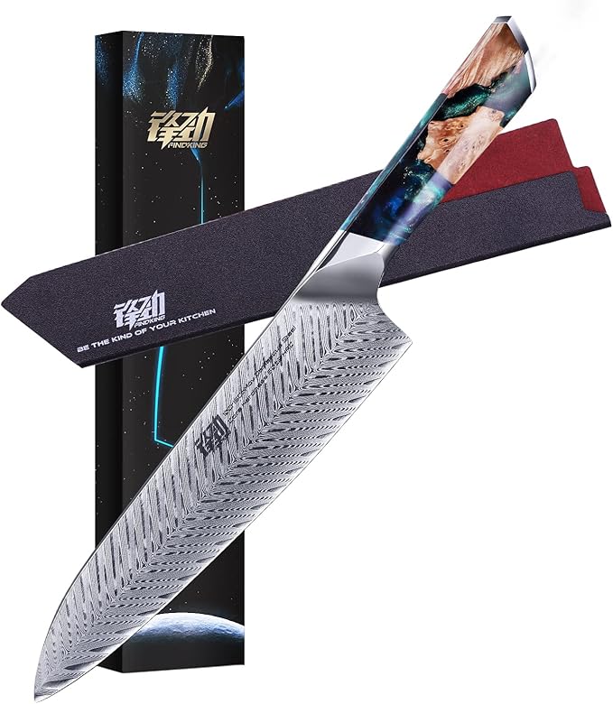 FINDKING Nebula Series Chef Knife with ABS Sheath, Multipurpose Japanese Gyuto Knife, 10Cr15CoMov Damascus Steel Blade, Resin and Figured Sycamore wood Handle, Full Tang, 8 Inch, Blue, for Meat