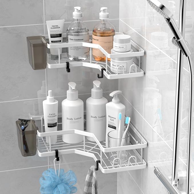 Shower Caddy Corner Organizer Shelf: 2Pack Adhesive Shower Shelf Essentials Accessories - No Drilling Stainless Steel Bathroom Storage Rack with Hooks and Toothpaste Holder