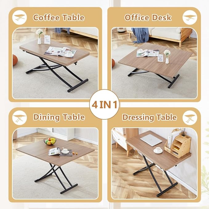 4 in 1 Folding Dining Table with Adjustable Lift Top & Wheels, Multi-Function Coffee Table to Dining Table for Apartments, Kitchens, Living Rooms, Scratch-Resistant & Easy Assembly