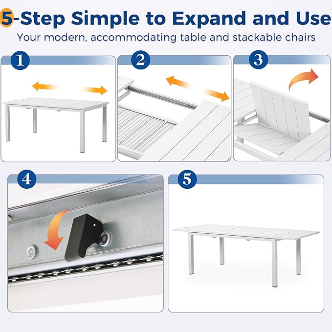 9 Piece Aluminum Outdoor Patio Dining Sets with Fully Assembled Dining Chair，91.3"L×39.4"W Expandable Patio Table and Chairs Set for 8, Stackable Chairs with Quick Drying Fabric, White