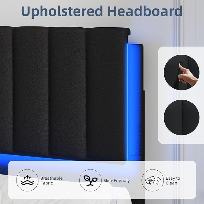 Twin Upholstered Bed Frame with LED Lights, Faux Leather Platform Bed with Headboard and Wooden Slats Support, No Box Spring Needed, Noise-Free, Easy Assembly, Black