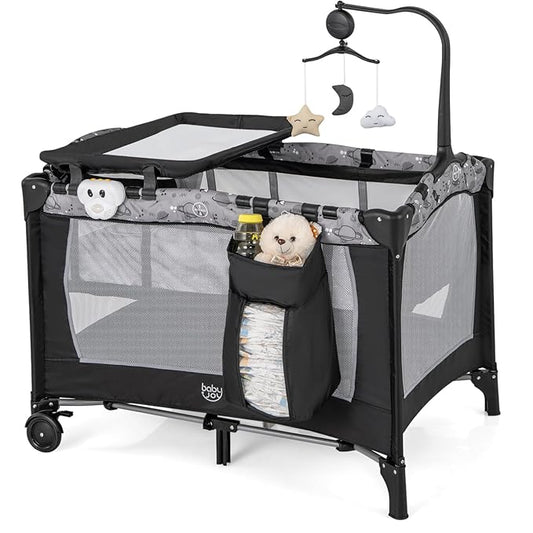 BABY JOY 3 in 1 Pack and Play, Portable Baby Playard with Bassinet, Changing Table, Lockable Wheels, Glowing Music Box, Travel Baby Crib Bassinet Bed from Newborn to Toddler