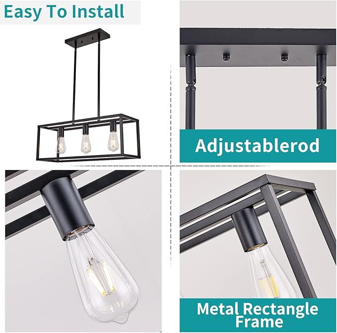 Farmhouse Rectangle Chandeliers for Dining Rooms, Modern Linear Hanging Light Fixture Matte Black 3-Light Industrial Pendant Lighting for Kitchen Island