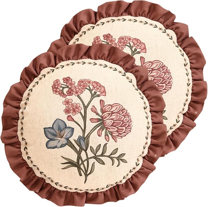 Design Linen Vintage Throw Pillow Covers Diameter 16" Pack of 2, Round Cushion Covers with Blue Pink Flowers Green Leaves Pattern Decoration Pillowcases for Bed,Living Room,Outdoor,Car