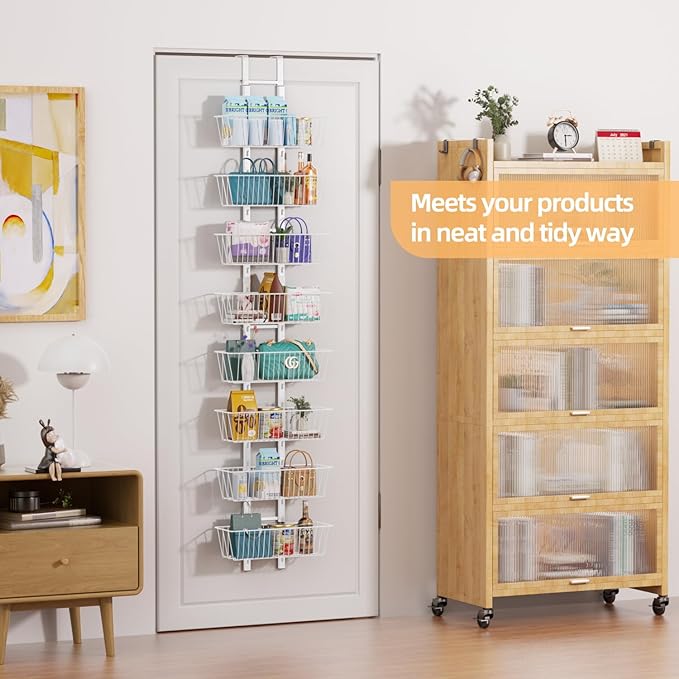 8-Tier Over Door Pantry Organizer with Mesh Baskets, Foldable Metal Hanging Spice Rack with 8 Baskets for Kitchen Organizers and Storage, for Home & Kitchen Laundry Room Bathroom Essentials, White