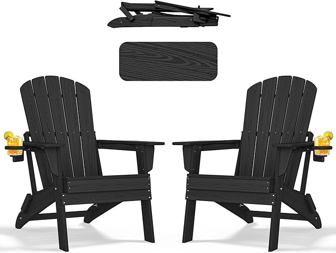 nevilywood Folding Adirondack Chair - Extended Ergonomic Backrest, Cup Holder - Easy Assembly - Durable HDPE Plastic, Weather Resistant & Maintenance-Free - Lawn, Patio, Deck Supports 380lbs Black
