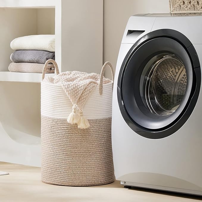 Woven Rope Laundry Hamper Basket, 72L Tall Luandry Basket, Baby Nursery Hamper for Blanket Storage in Bedroom-Large-Brown