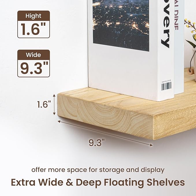 fuqing Floating Shelves for Wall - 48 Inch Natural Wood Shelves Set of 1-48W x 9.3D x 1.6H Wall Mounted Shelves with Upgraded Metal Brackets for Room Wall