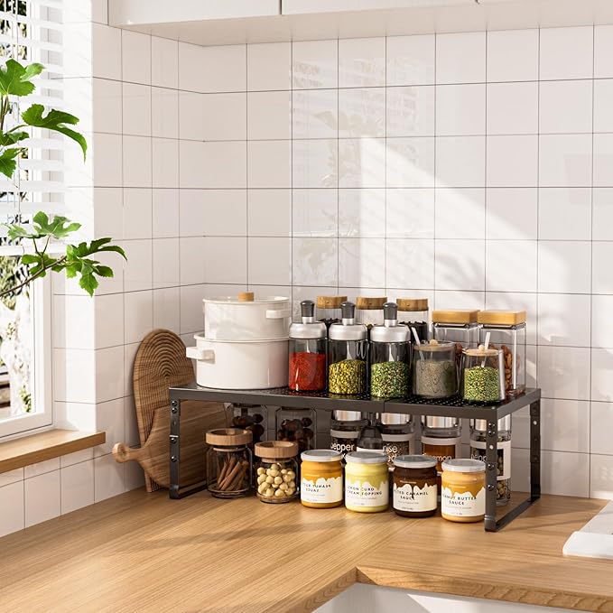 Cabinet Shelf,Expandable Adjustable Stackable Kitchen Organizer,for cabinets, Kitchens, countertops, bathrooms Shelf Organizer(1Pack/Black,Large)