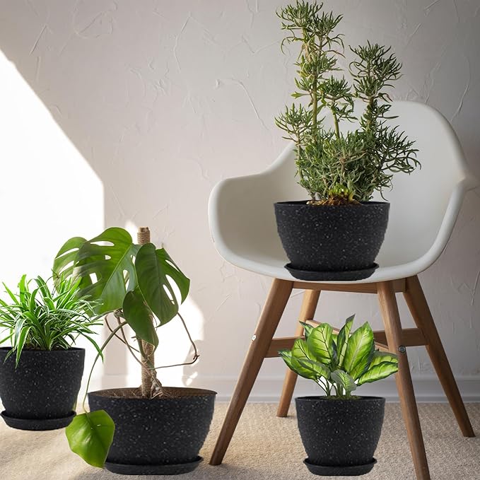Plant Pots 8.5/7.5/6.5/6 Inch, 4 Pack for Indoor Plants, Modern Decorative Plastic Planters with Drainage Holes and Saucers for House Indoor Outdoor Flower