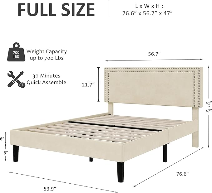 VECELO Full Size Bed Frame with Height Adjustable Upholstered Headboard, Wooden Slats Platform, Noise-Free Design, Easy Assembly