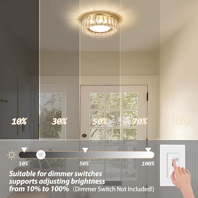 11 Inch Modern Gold Luxury Flush Mount Ceiling Light,Small Crystal Chandelier, Dimmable LED 5CCT 3000K-6000K 24W Round Close to Ceiling Light Fixture for Hallway,Kitchen,Bedroom,Laundry Room