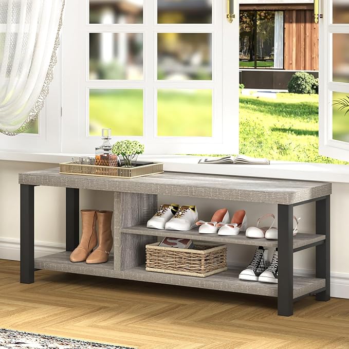FOLUBAN Storage Bench, Vintage Wood Shoe Bench for Entryway Hallway, Industrial Indoor Shoe Rack Seat for Bedroom, Living Room, Light Grey, 43.3 Inch