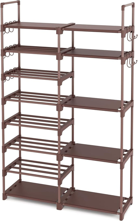 ROJASOP Shoe Rack Organizer, 8-Tier Metal Shoe Rack for Closet Entryway Garage, 26-32 Pairs Tall Shoe Boot Storage Shelf with 15 Hooks, Stackable Large Shoe Stand, Brown
