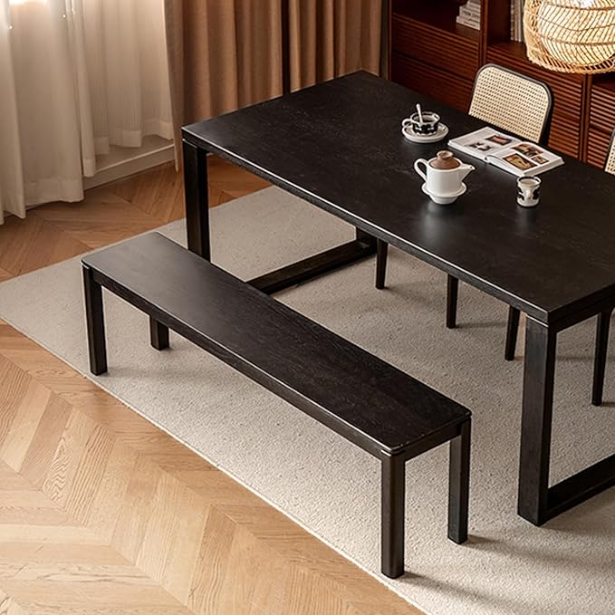 47.2'' 100% Solid Wood Dining Bench, Oak Wood Long Bench for Dining Table, End of Bed, Entryway, Hallway, Sofa Back, Suqare Bench for Dining Room Kitchen Bedroom Living Room, Black