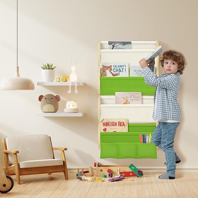 Wooden Wall Mounted Bookshelf for Kids Rooms, 4 Tier Floating Nursery Book Shelf, Kids Bookshelf with 2 Pockets, Toddler Sling Book Rack with Deep Sleeves (Green)