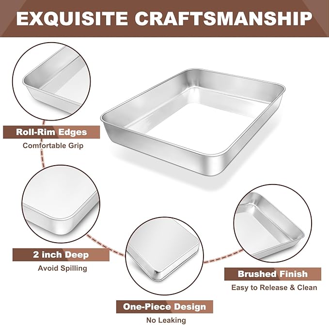 EWFEN 12 Inch Rectangular Cake Pan Set of 2, Stainless Steel Deep Baking Pan for Lasagna Brownies Casseroles, Metal Cookie Tray Fits in Toaster Oven, Rust-resistant, Dishwasher Safe