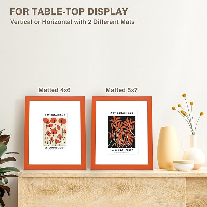 KINLINK 8x10 Picture Frame Orange, Solid Wood Frames with Acrylic Plexiglass for Pictures 4x6/5x7 with Mat or 8x10 without Mat, Tabletop and Wall Display Photo Frame, Set of 4